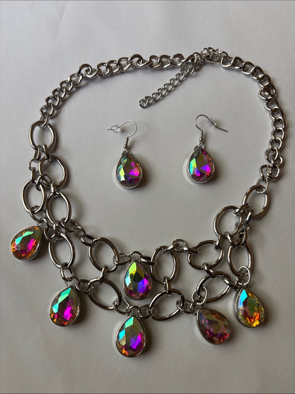 Rhinestone Teardrop Statement Necklace and Earring Set - Iridescent